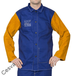 Modré ohnivzdorné svářecí sako s bavlněným tělem a žlutými rukávy